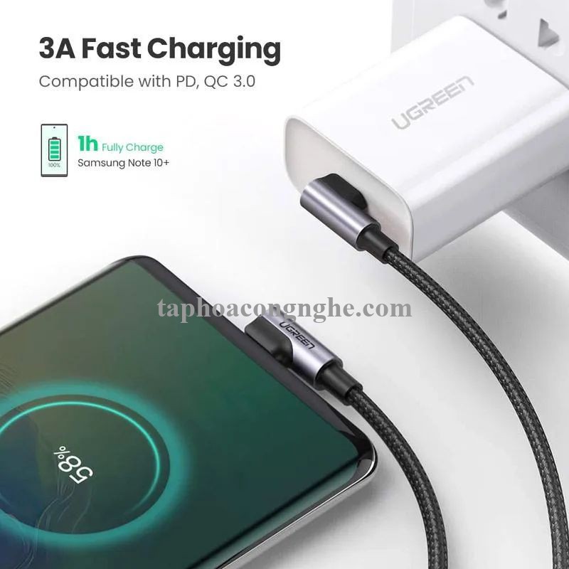 Ugreen 70528 0.5M PD 3A 20v 60W 2 đầu bẻ góc 90 độ cáp USB type C ra USB type C đầu nhôm mạ nickel chống nhiễu US323 30070528